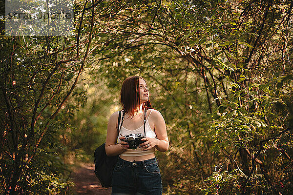 Touristin hält Kamera in der Hand  während sie im Sommer im Wald steht
