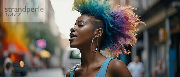 Porträt einer Afro-Frau mit bunten Haaren auf der Straße