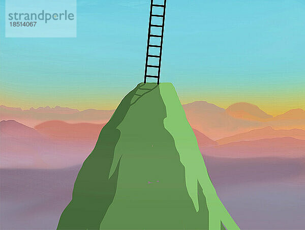 Illustration einer Leiter auf einem grünen Berggipfel
