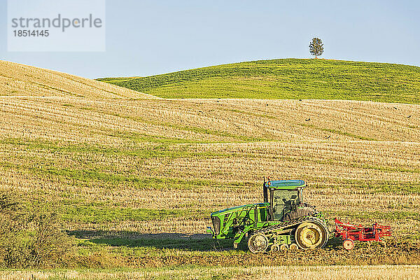 Italien  Toskana  Hügellandschaft des Val d'Orcia mit Traktor im Vordergrund