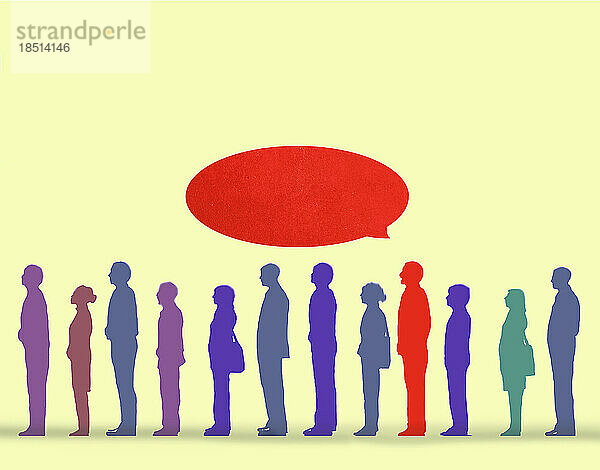 Illustration of businessman with red blank speech bubble standing in line