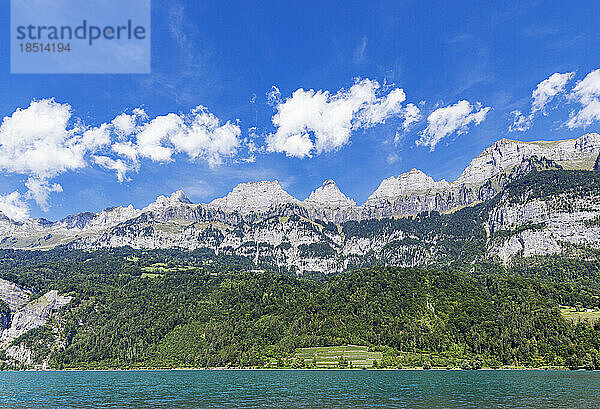 Schweiz  Kanton St. Gallen  malerischer Blick auf den Walensee und die Churfirstenkette