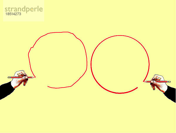 Hände zweier Personen zeichnen Kreise vor gelbem Hintergrund