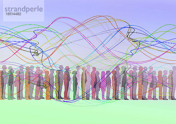 Colorful lines floating against people waiting in line