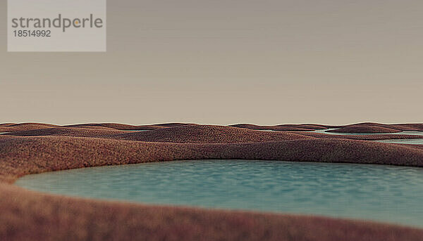 Darstellung einer braunen Hügellandschaft mit einem See im Vordergrund