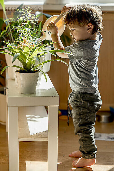 Junge mit Dose gießt Blumen und Pflanzen zu Hause