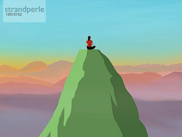 Illustration of woman meditating on mountain peak