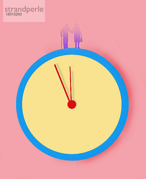 Senior couple on clock against pink background