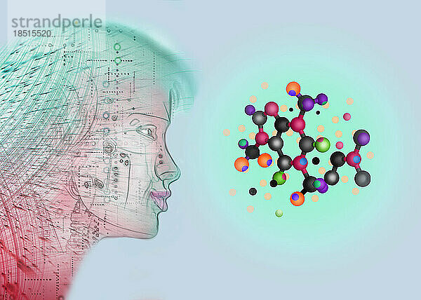 Illustration eines Gynoids  das die molekulare Struktur betrachtet