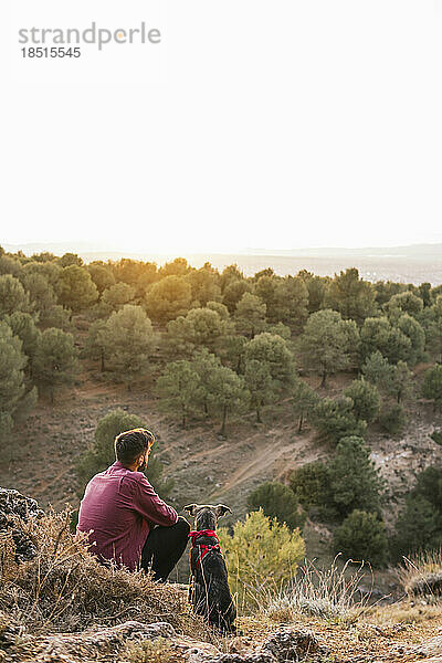 Mann betrachtet Landschaft mit Hund bei Sonnenuntergang