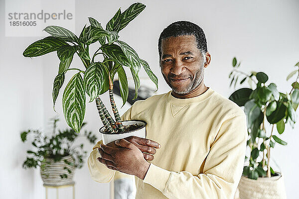 Smiling mature man with potted plant at home