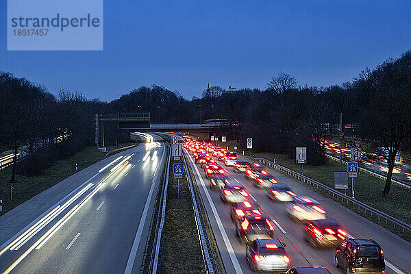 Germany  Bavaria  Long exposure of traffic jam on multiple lane highway at night