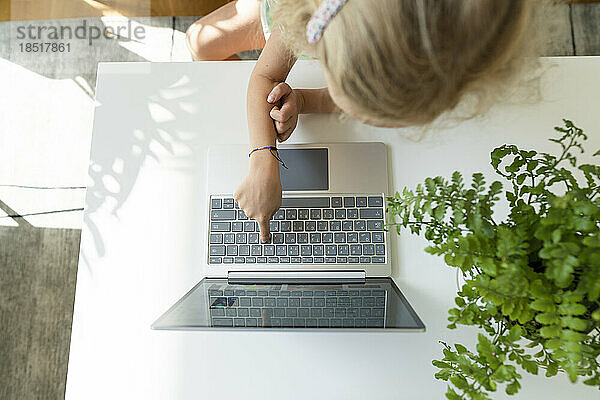 Mädchen benutzt Laptop auf Tisch neben Pflanze zu Hause