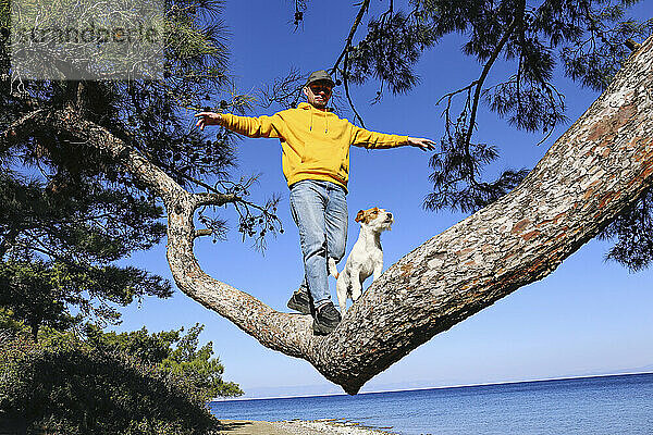 Mann balanciert mit Hund auf Ast am Meer