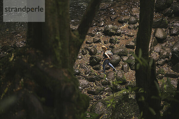 Frau mit Rucksack spaziert im Wald