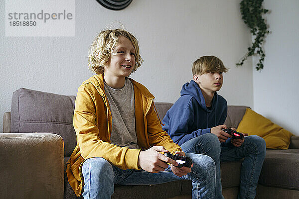 Happy boys playing video game at home