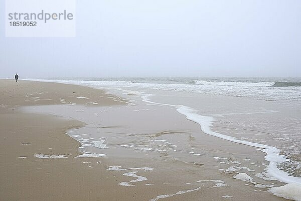Einsamer Strand im Nebel  Sylt  Nordfriesische Insel  Nordfriesland  Nordsee  Schleswig-Holstein  Deutschland  Europa