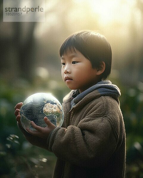 Ein junger asiatischer Bub hält sanft einen Globus in den Händen  warmes Licht der Abendsonne  Konzept Kinder & Klimaschutz  AI generiert