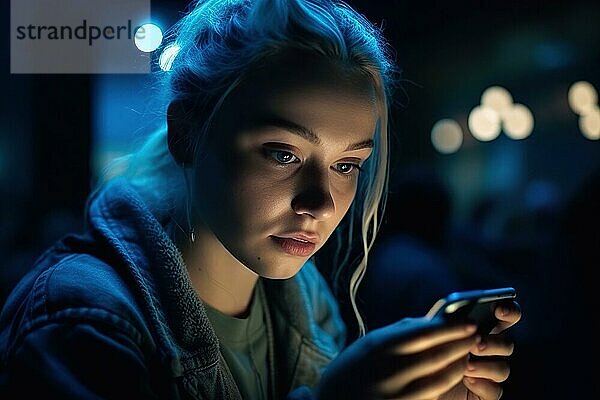 Ein fünfzehn jähriges Mädchen mit blonden Haaren blickt nachts auf ihr Handy  Gesicht von Display beleuchtet  AI generiert