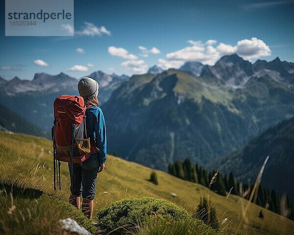 Bergwandern  Frau mit Rucksack  Wanderung auf einer Sommerwiese in den Alpen  Sommertag mit blauem Himmel  AI generiert
