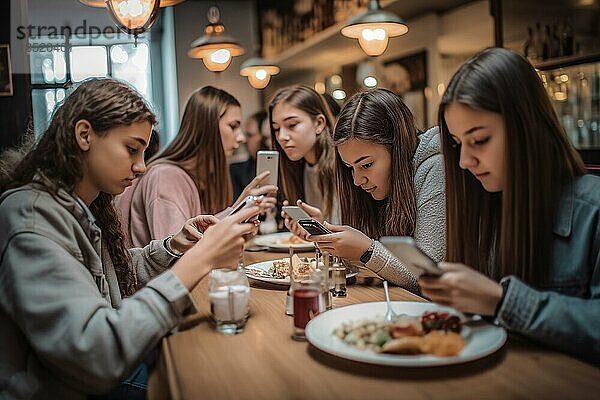 Fünf junge Mädchen in einem Restaurant beschäftigen sich eifrig mit ihren Handys  AI generiert