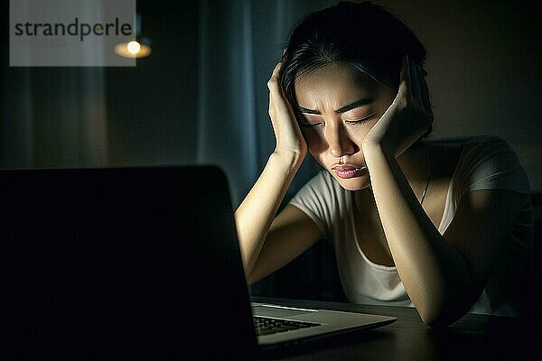 Junge asiatische Frau sitzt erschöpft an einem Notebook  Burnout Syndrom  Überlastung  Motivation  AI generiert