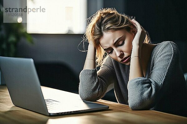 Junge Frau sitzt erschöpft an einem Notebook  Burnout Syndrom  Überlastung  Motivation  AI generiert