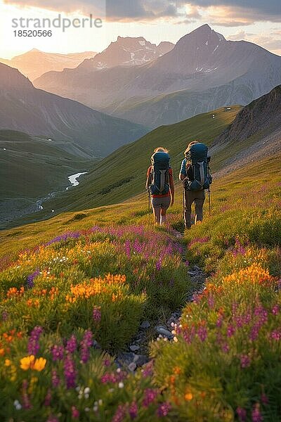 Zwei Bergwanderer mit Rucksack  Wanderung auf einer Sommerwiese in den Alpen  Sonnenaufgang  hinten hohe Berggipfel  AI generiert