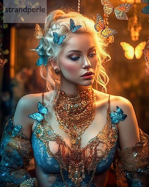 Eine prunkvoll gekleidete  junge blonde Frau in weichem Licht ist umgeben von Schmetterlingen  Halsschmuck  Abendkleid  Fantasiebild Prinzessin  AI generiert