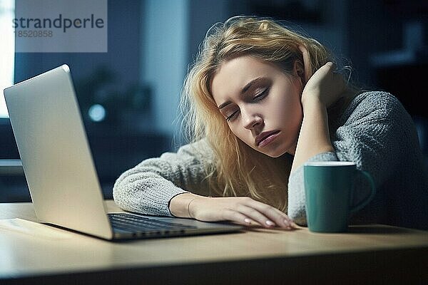 Junge Frau sitzt erschöpft an einem Notebook  Burnout Syndrom  Überlastung  Motivation  AI generiert