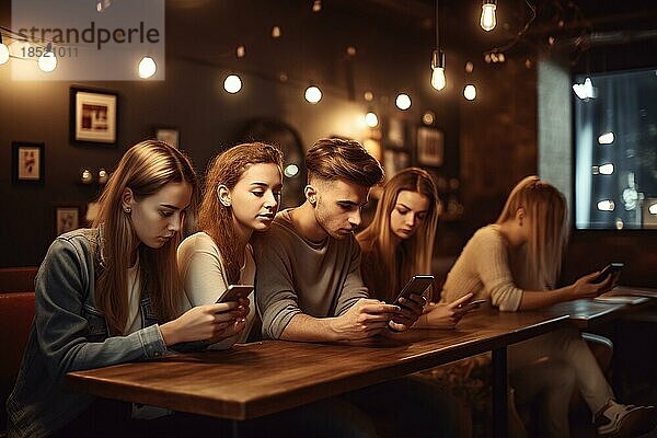 Eine Gruppe von Jugendlichen in einem Restaurant beschäftigen sich gelangweilt mit ihren Handys  junge Männer  Junge Frauen  AI generiert