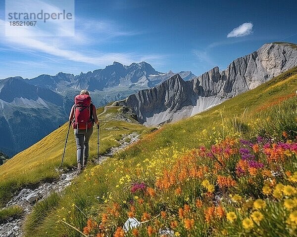 Ein Bergwanderer mit Rucksack  Wanderung auf einer Sommerwiese in den Alpen  Sommertag mit blauem Himmel  hinten hohe Berggipfel  AI generiert