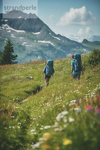 Zwei Bergwanderer mit Rucksack  Wanderung auf einer Sommerwiese in den Alpen  Sommertag mit blauem Himmel  hinten hohe Berggipfel  AI generiert