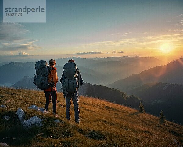 Bergwandern Zwei Wanderer mit Rucksack  Wanderung auf einer Sommerwiese in den Alpen  Sonnenuntergang  hinten hohe Berggipfel  AI generiert