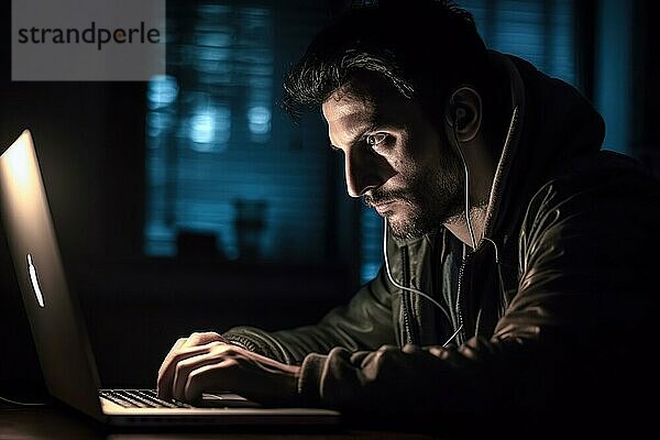 Mann mit Bart und dunklen Haaren arbeitet nachts am Laptop  Gesicht von Display des Notebooks beleuchtet  faszinierter Blick  AI generiert