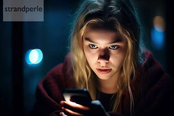 Ein fünfzehn jähriges Mädchen mit blonden Haaren blickt nachts auf ihr Handy  Gesicht von Display beleuchtet  Kritischer Blick AI generiert