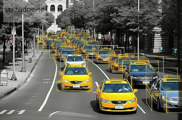 Digitale Verkehrsüberwachung  Autos auf einer Strasse werden von einem digitalen Erkennungs System erfasst  AI generiert