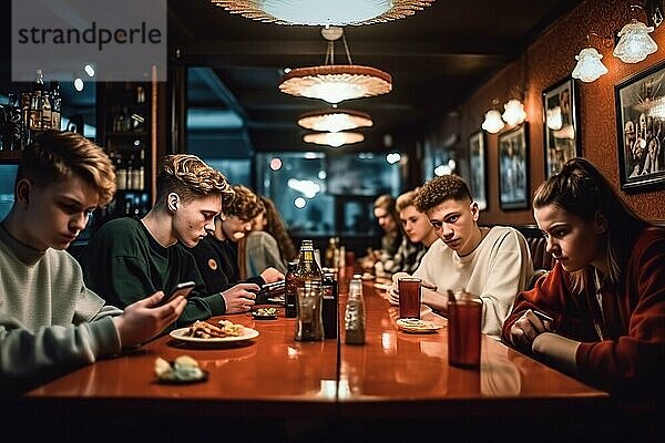 Eine Gruppe von Jugendlichen in einem Restaurant beschäftigen sich gelangweilt mit ihren Handys  junge Männer  Junge Frauen  AI generiert