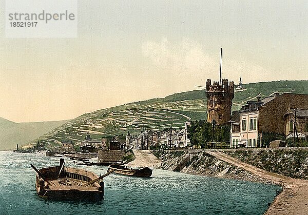 Adlerturm und Niederwald bei Rüdesheim am Rhein  Hessen  Deutschland  Historisch  digital restaurierte Reproduktion einer Photochromdruck aus den 1890er-Jahren  Europa