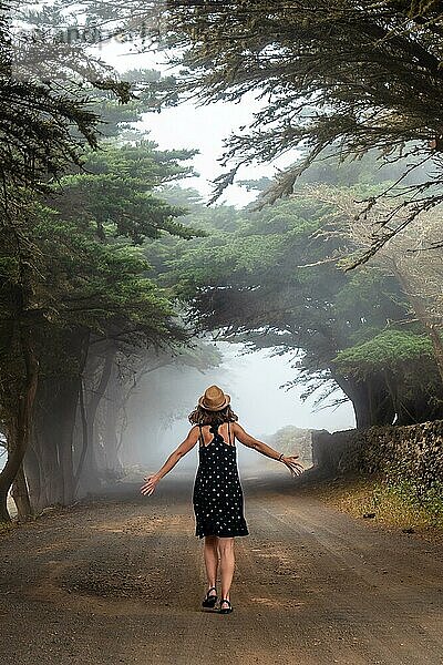 Eine Touristin spaziert durch die nebligen Bäume in Richtung des Wacholderwaldes auf El Hierro. Kanarische Inseln