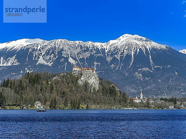 Burg von Bled am Bleder See  Veldeser See oder Felder See  slowenisch Blejsko jezero  vor mit Schnee bedeckten Alpen  Bled  Oberkrain (Gorenjska)  Slowenien  Europa