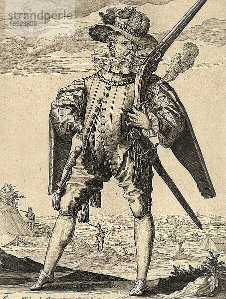 Musketier  Musketiere  eine Truppengattung der Infanterie  die ursprünglich mit Musketen bewaffnet war  um 1600  Frankreich  Historisch  digital restaurierte Reproduktion von einer Vorlage aus der Vorzeit  Europa
