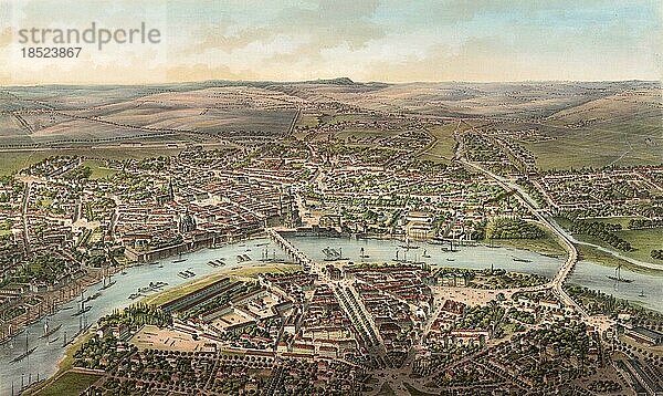Ansicht von Dresden aus der Vogelperspektive  um 1855  Sachsen  Deutschland  Historisch  digital restaurierte Reproduktion von einer Vorlage aus dem 18. oder 19. Jahrhundert  Europa