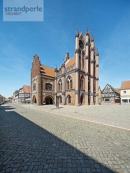 Das historische Rathaus mit Schaugiebel und Storchennestern  Tangermünde  Sachsen-Anhalt  Deutschland  Europa