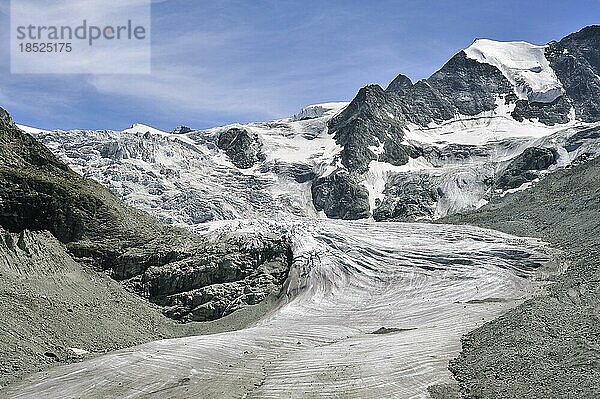 Der Moiry Gletscher mit Moräne und zurückweichendem Eis und Schnee in den Penninischen Alpen  Walliser Alpen  Wallis  Schweiz  Europa