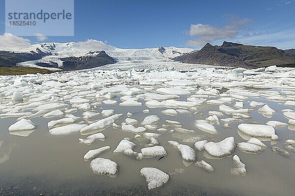 Blick auf den Gletschersee Fjallsárlón und den isländischen Gletscher Fjallsjökull  Teil des Vatnajökull im Sommer  Island  Europa