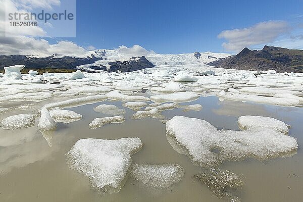 Blick auf den Gletschersee Fjallsárlón und den isländischen Gletscher Fjallsjökull  Teil des Vatnajökull im Sommer  Island  Europa