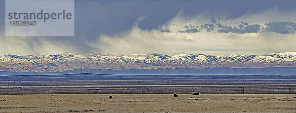 Vereinigte Staaten  Idaho  Blick über offenes Land auf die schneebedeckten Owyhee Mountains