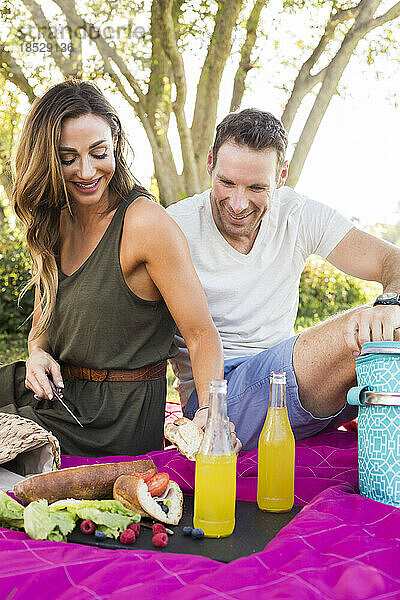 Frau und Mann genießen Picknick im Park