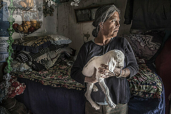 Mexikanische Frau hält eine junge Ziege in ihrem Haus; Ejido Hidalgo  San Luis  Mexiko